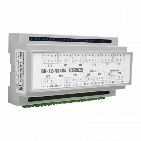 БК-24-RS485-01 - Блок коммутации для установки в шкафы, боксы. Две внешних линии RS485 и одна внутренняя. Питание 24 В.