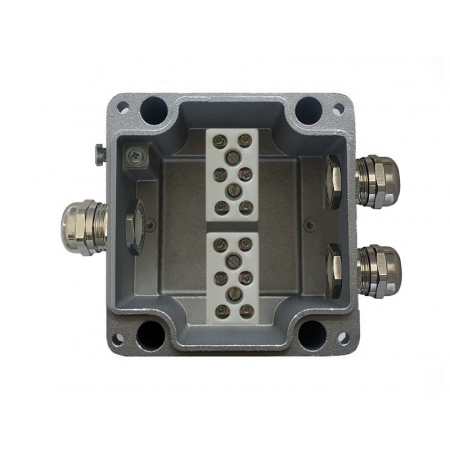 Ex коробка соединительная металлическая МКС «МОРОЗ» IP66/IP68 Ал ПЛ10 В1МВ20х1,5 4-10 ЛП маркировка взрывозащиты Ррасс= 31,77Вт  1Ех еb IIC T4 Gb Х/Ex tb IIIC 130°C Db Х или  Ех ia IIIC T80°C…T130°C Da Х/1Ех ib IIC T6…T4 Gb Х